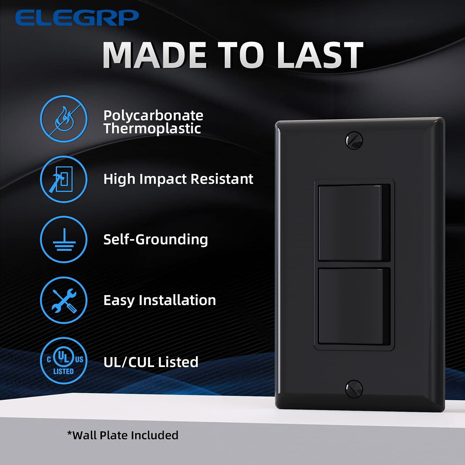 Decorator Double Rocker Light Switch, Two Single Pole Electrical Paddle, 15A 120V, In-Wall On/Off, Self-Grounding, Wall Plate Included, UL Listed (2 Pack, Glossy Black)