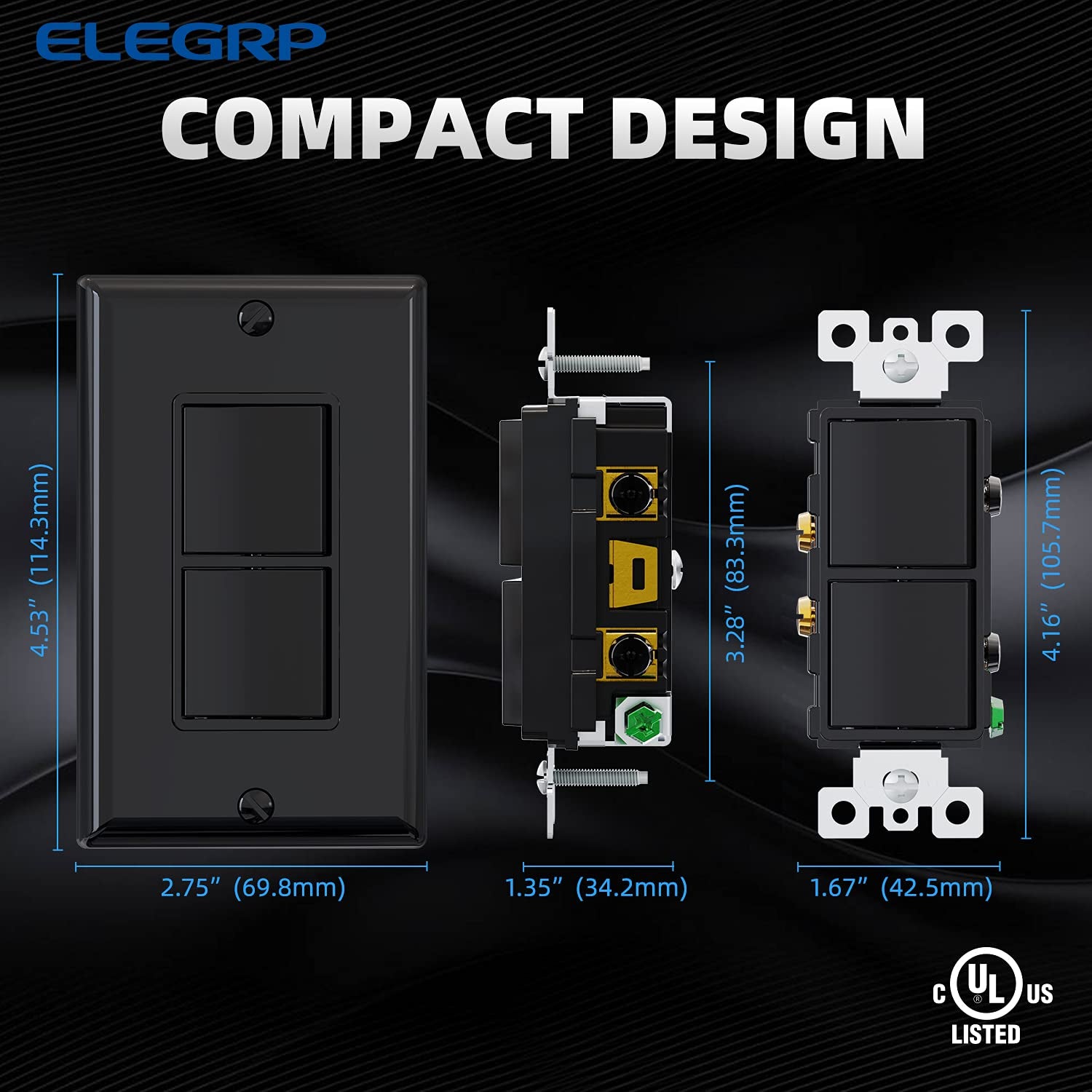 Decorator Double Rocker Light Switch, Two Single Pole Electrical Paddle, 15A 120V, In-Wall On/Off, Self-Grounding, Wall Plate Included, UL Listed (2 Pack, Glossy Black)