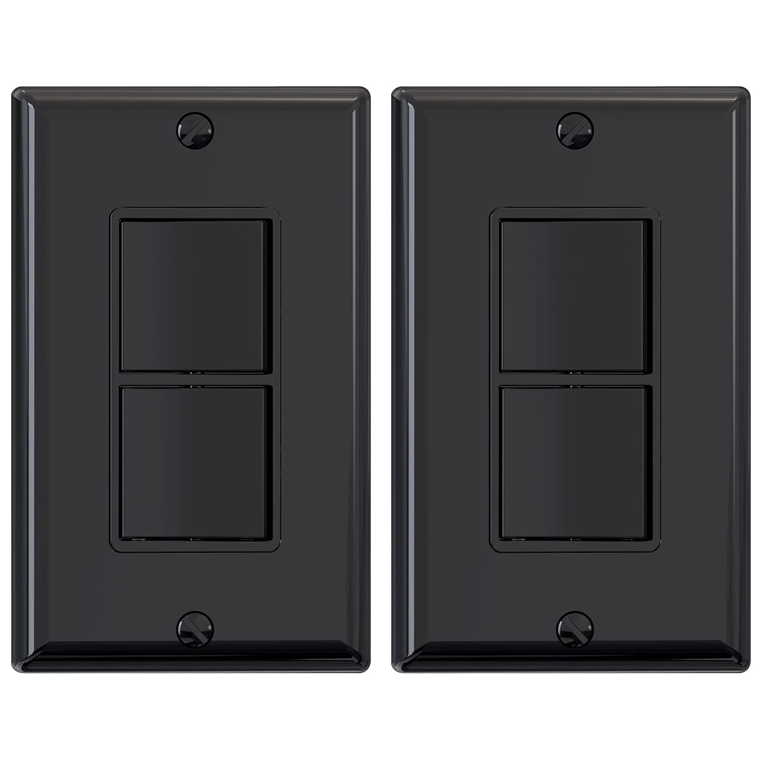 Decorator Double Rocker Light Switch, Two Single Pole Electrical Paddle, 15A 120V, In-Wall On/Off, Self-Grounding, Wall Plate Included, UL Listed (2 Pack, Glossy Black)